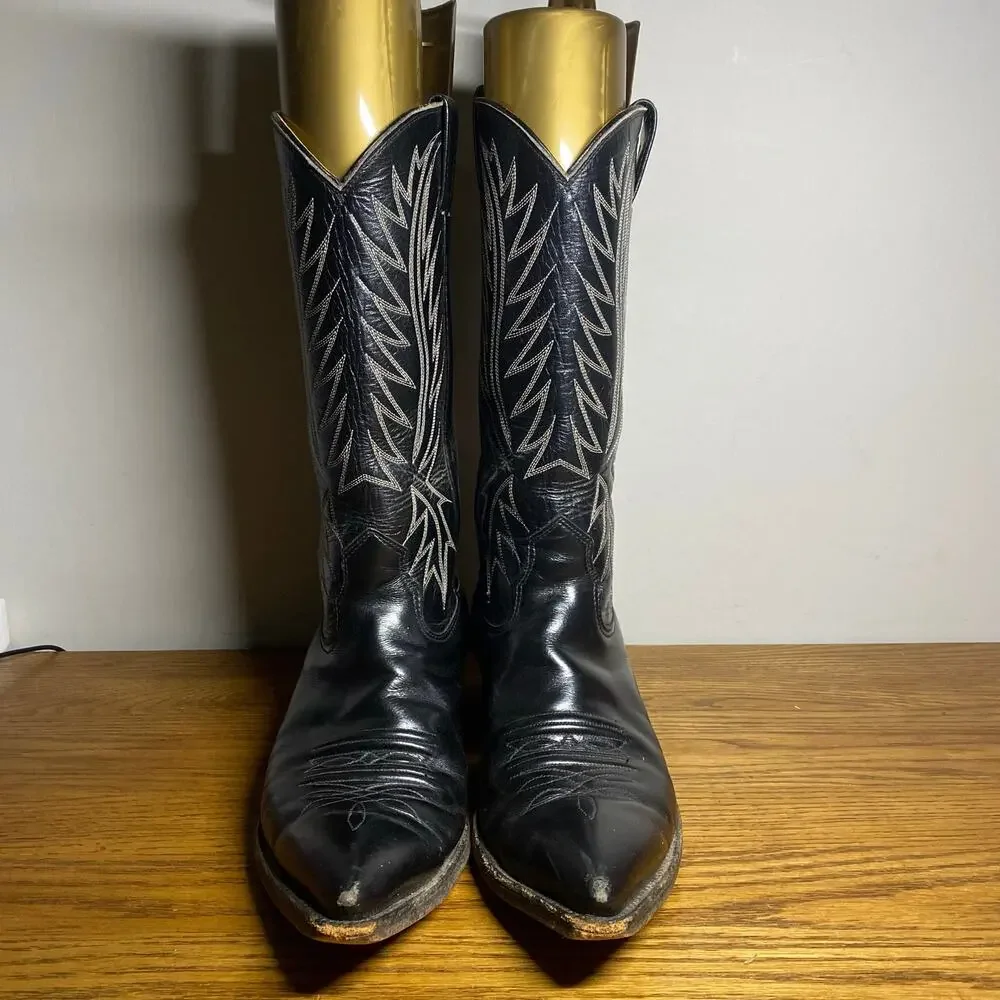 Vintage Nocona Mens 8.5 D Black Leather Western Cowboy Boots White Pointed Toe